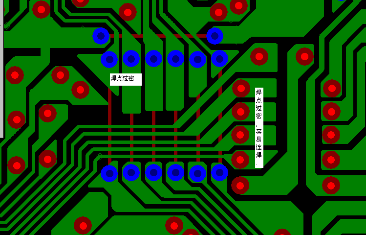 PCB設(shè)計(jì)焊點(diǎn)過密，易造成波峰連焊，焊點(diǎn)間漏電