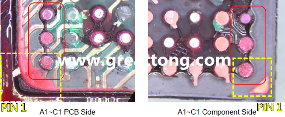 PIN-1的位置很重要，不知道Pin-1在哪里？那你怎么知道斷裂錫球在PCB的位置，如何判斷可能的應(yīng)力(Stress) 影響。一般在PCB的絲印層(白漆)上面一定會標示零件的PIN-1位置，有的未打一個圓點，有的會畫三角形，但這張照片在PCB的PIN-1被紅墨水遮住了，如果可以的話建議那一塊沒有紅墨水的板子對照一下。