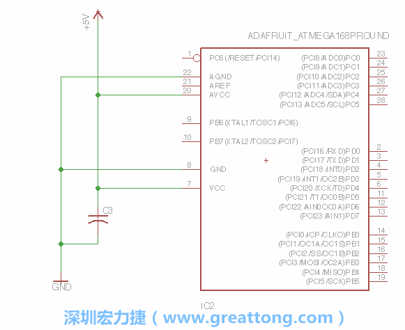 3.1.    新增微控制器晶片（RBBB → ATmega），把它放在電路原理圖的中央附近，把它的兩個接地接頭連接到接地訊號端。